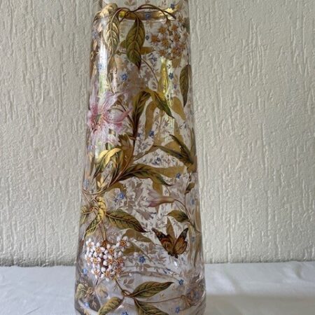 Museale Jugendstil vaas met emaille handbeschildering Gräflicher Harrach'sche Glasfabrik Neuwelt