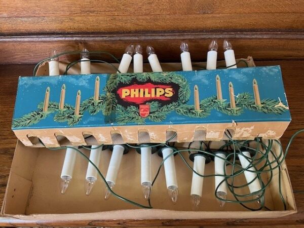 Antieke doos met Philips kerstverlichting op ronde metalen veren 1930-1940 - Afbeelding 3