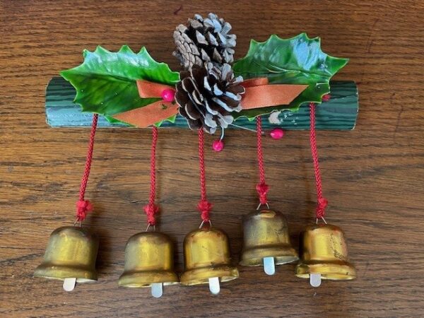 Oude antieke X Mas doorbell met 5 koperen klokjes of bellen in doos Japan 1960