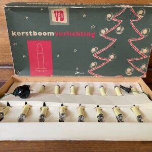 Oude, antieke kerstverlichting in oude doos V&D 1960