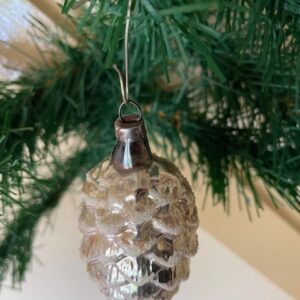 Oude antieke kerstbal dennenappel van dun geblazen glas in zilver midden 1900 - Afbeelding 3